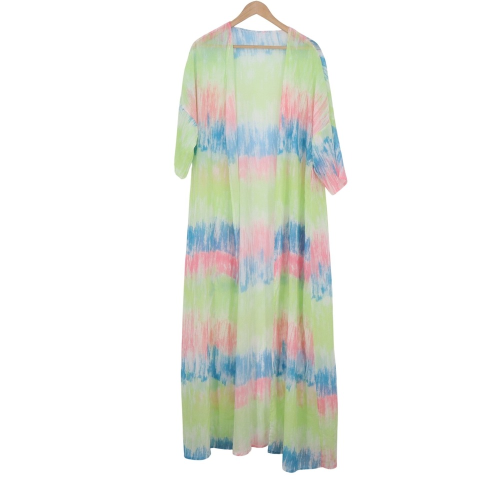 Multicolor Tie Dye Maxi Duster Cardigan Open Front Short Sleeve 2XL - Picture 2 of 6